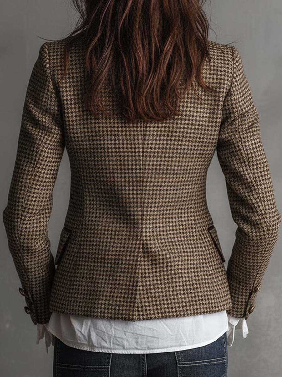 Rosalie – Houndstooth Tailored Blazer with Velvet Trim