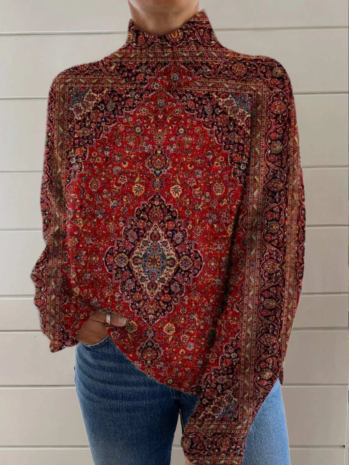 Rose – Vintage Print Turtleneck Blouse
