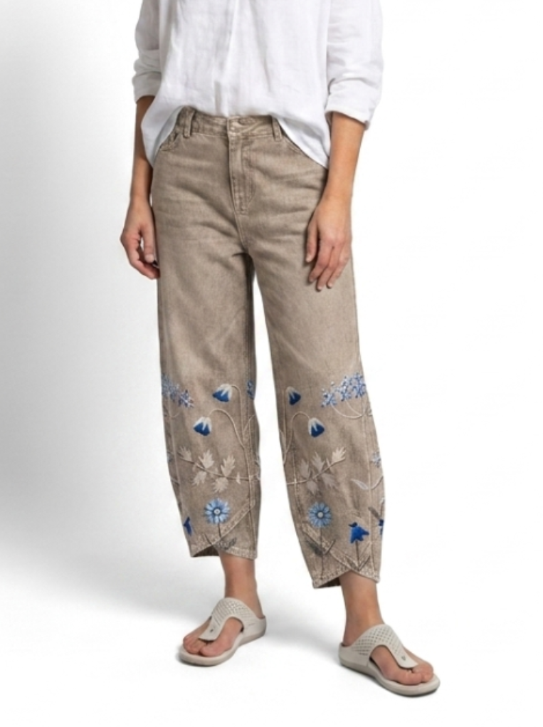 Denise – Floral Embroidered Denim-Look Pants