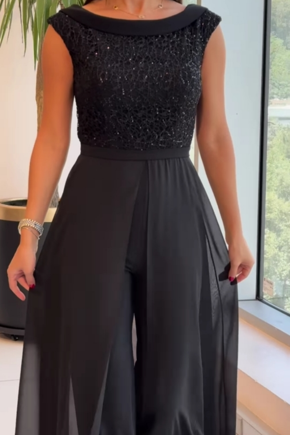 Sue – Sequin Bodice Jumpsuit with Chiffon Overlay