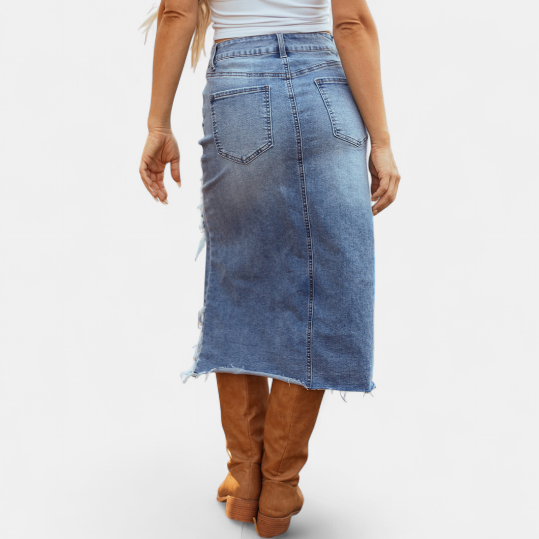 Lorraine β Distressed Denim Midi Skirt