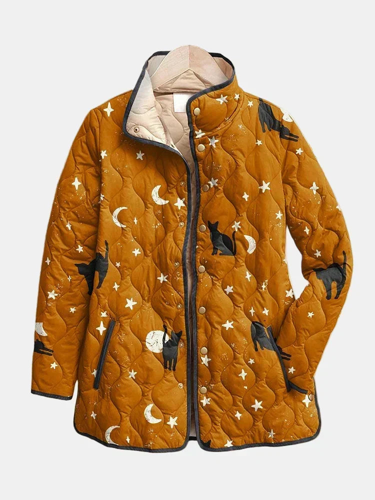 Kristina | Casual Black Cat Halloween Print Quilted Jacket