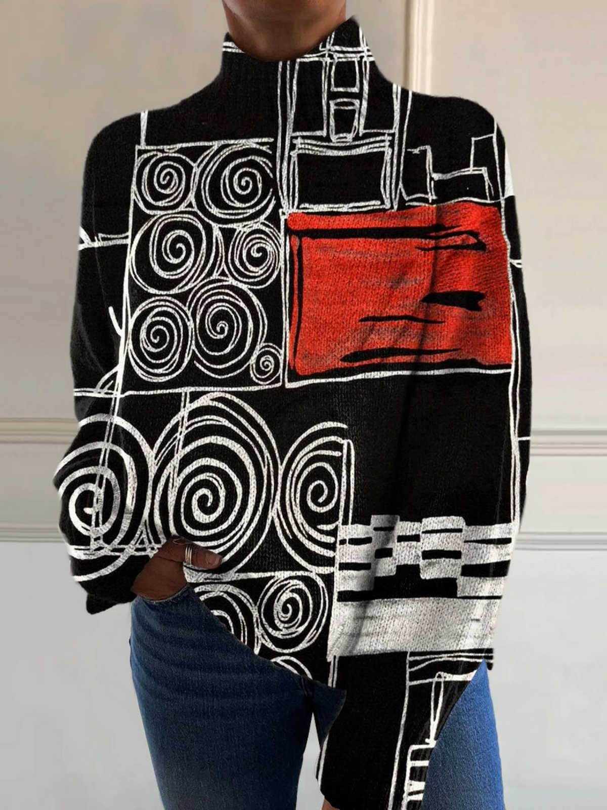 Lindsey – Abstract Geometric Print Turtleneck Jumper