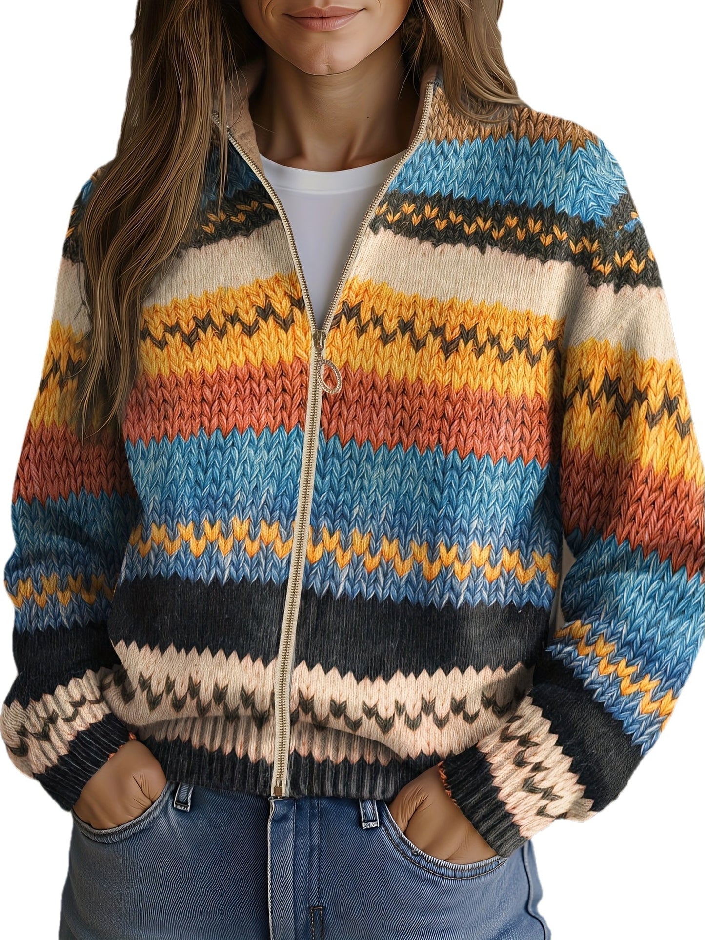 Rachelle – Striped Zip-Up Knit Cardigan