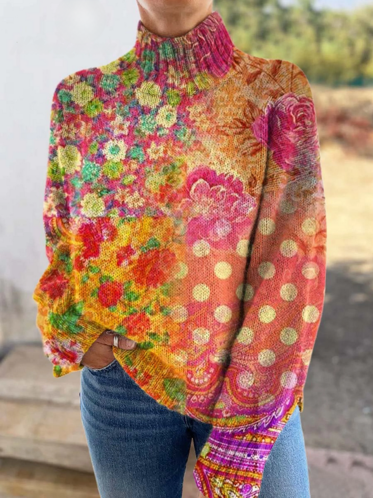 Viola – Floral Print Turtleneck Knit Jumper