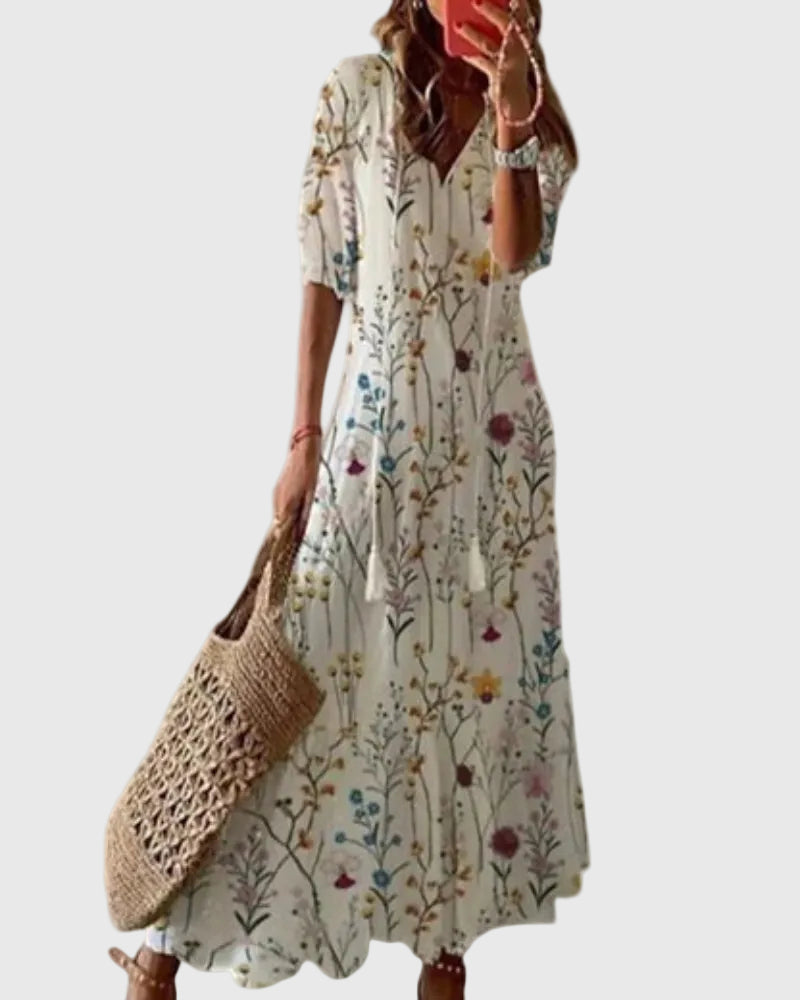 Dorothy β Ikat-Print Midi Dress with Tassel Tie