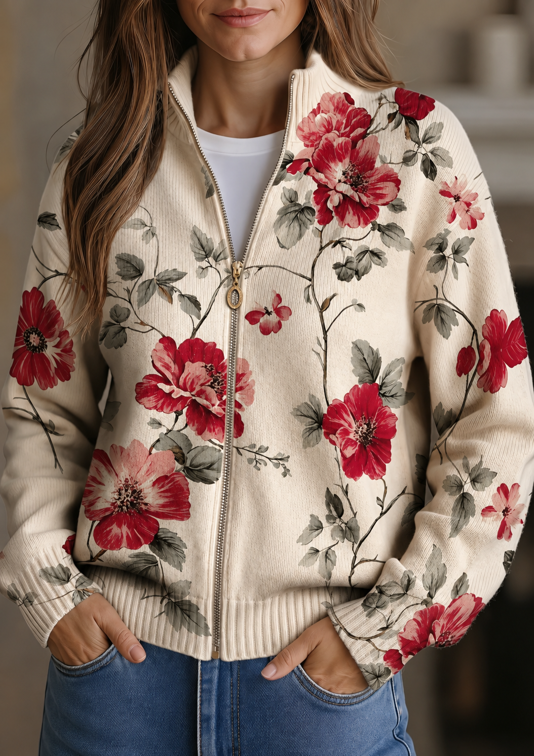 Rae – Floral Print Zip-Up Cardigan