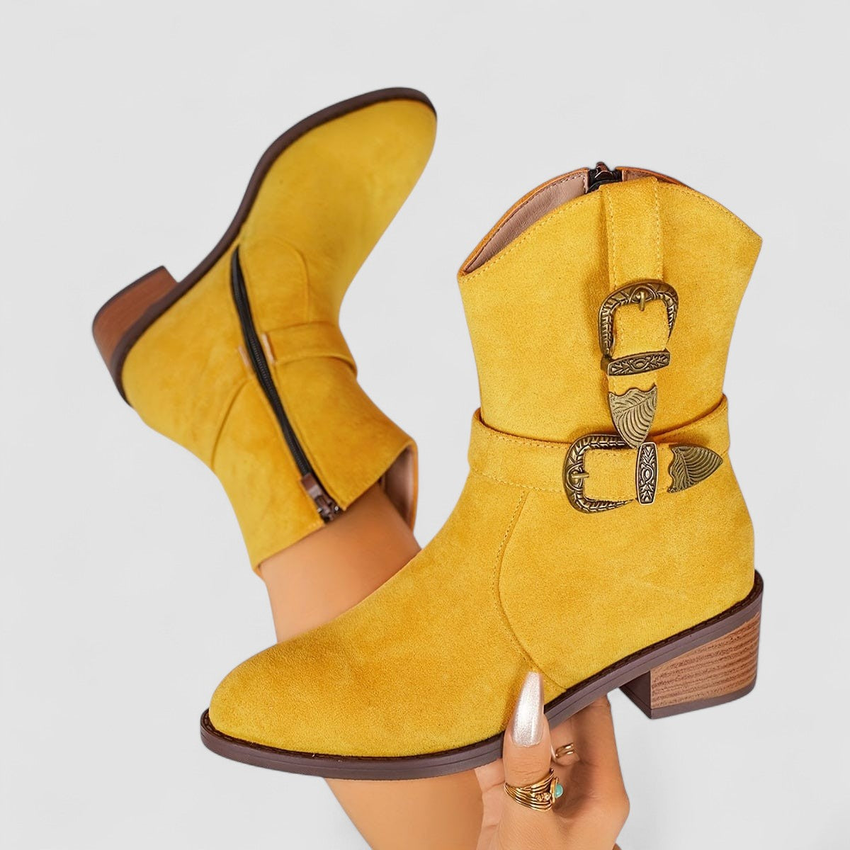 Roberta – Western Buckle Block Heel Boots