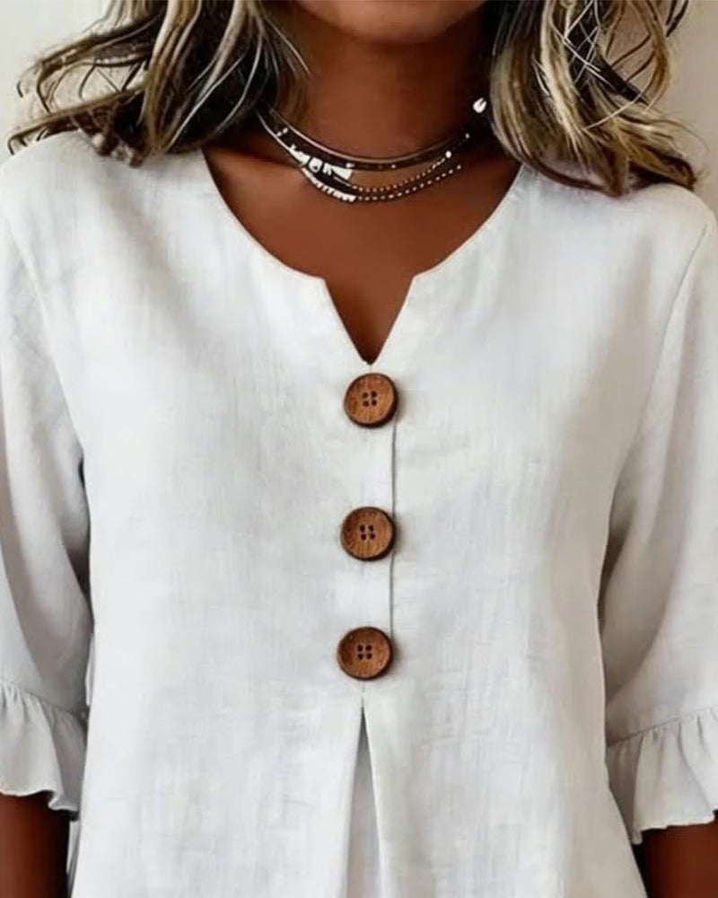 Glenda β Linen-Look Blouse with Ruffle Sleeves