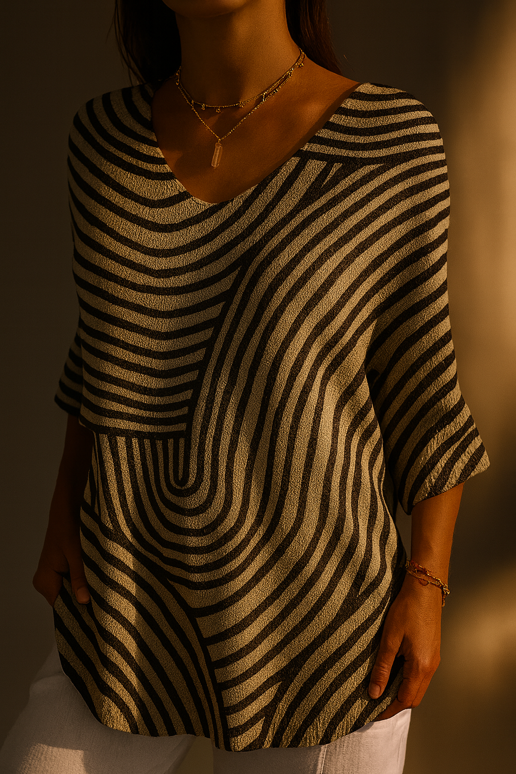Kallista | Retro Geometric Art Round Line Print Casual Pullover Knit