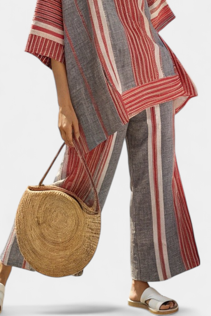 Kit | Elegant Coral-Grey Linen Top & Wide-Leg Pants