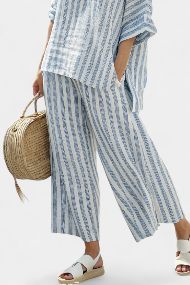 Kalea | Sophisticated Blue Striped Linen Top & Relaxed Pants