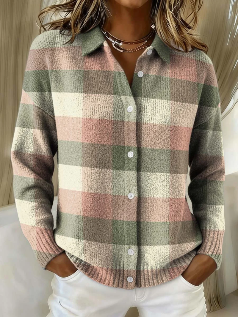 Earlene – Plaid Knit Button-Up Cardigan