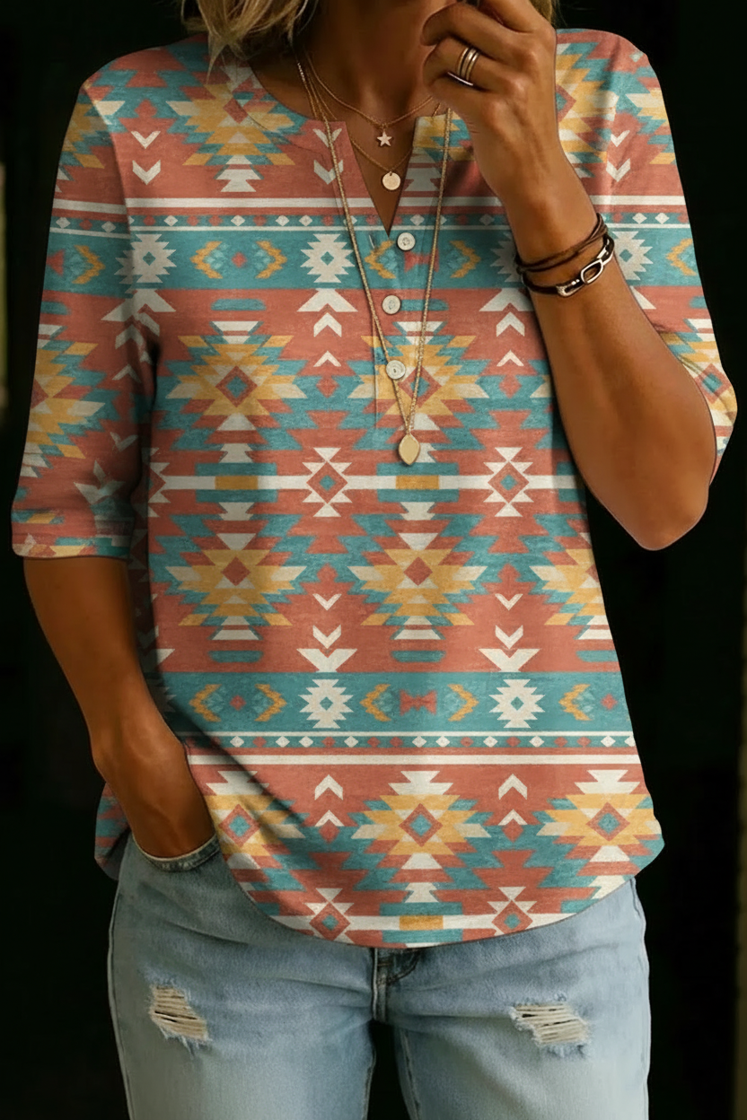 Anna | Aztec Geometric Henley Top