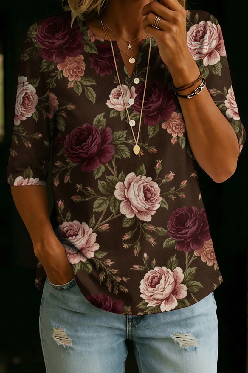 Coralie | Brown Rose Henley Top