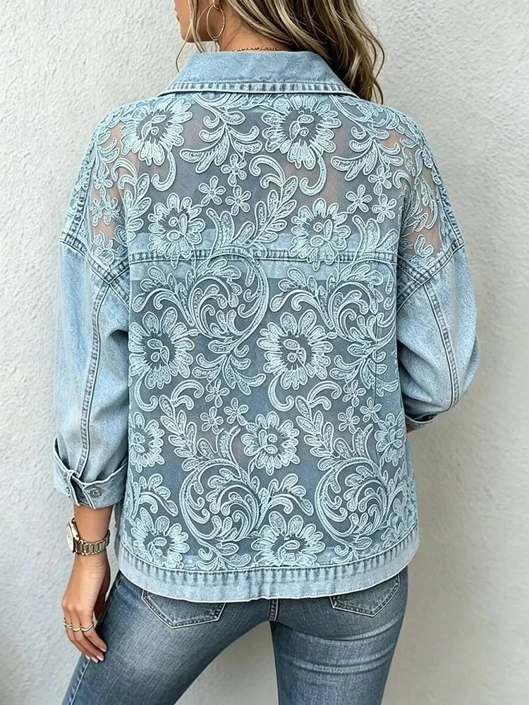 Rachael β Floral Lace Panel Denim Jacket