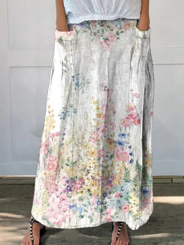 Noa | Vintage Botanical Floral Linen-Look Elastic Waistband Pocket Skirt