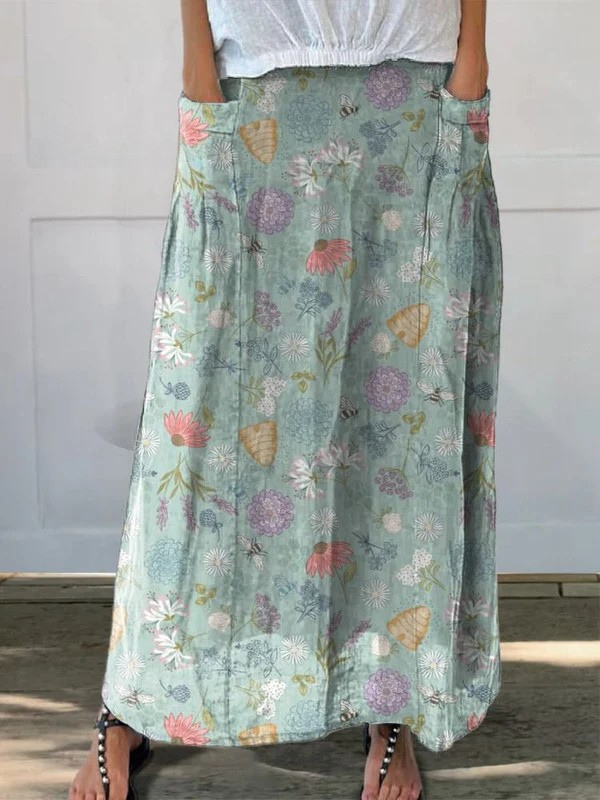 Dianne | Spring Floral and Bumble Bee Pattern Printed Women's Linen-Look Pocket Skirt