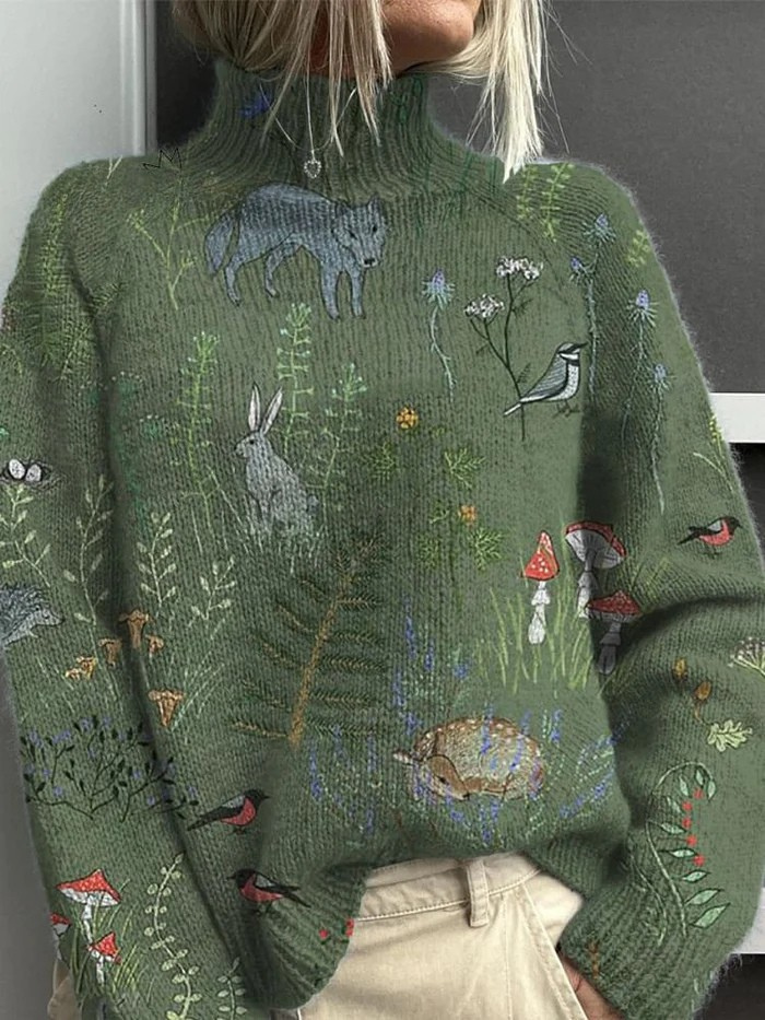 Mirielle | Animal Pattern Printed Knit Turtleneck Pullover Jumper
