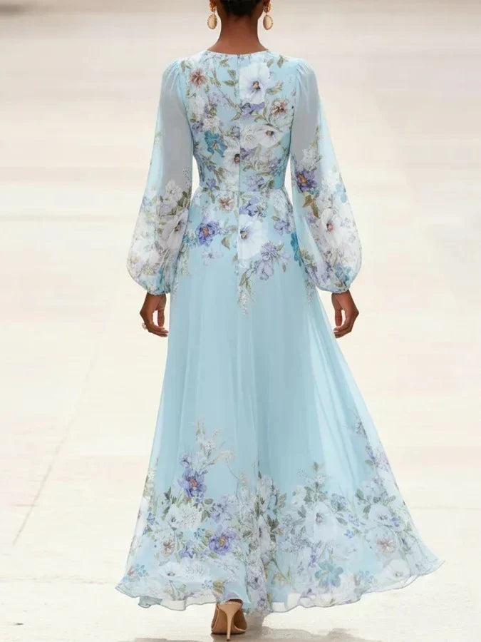 Juliette | Light Blue Floral Chiffon V-Neck Maxi Dress