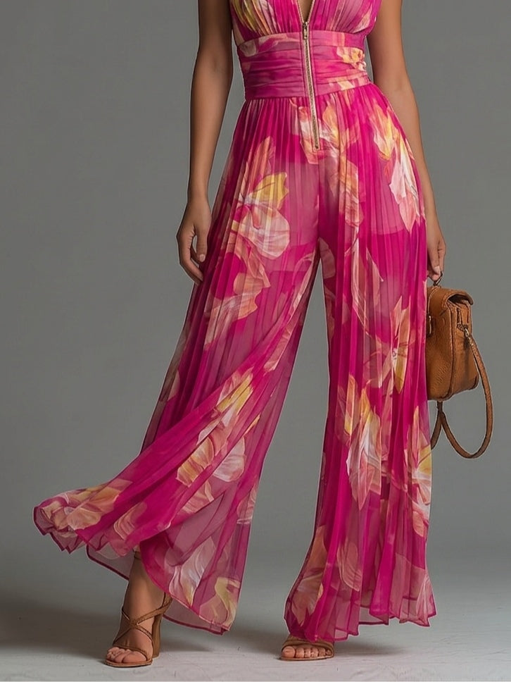 Pamela – Floral Wide-Leg Pleated Jumpsuit