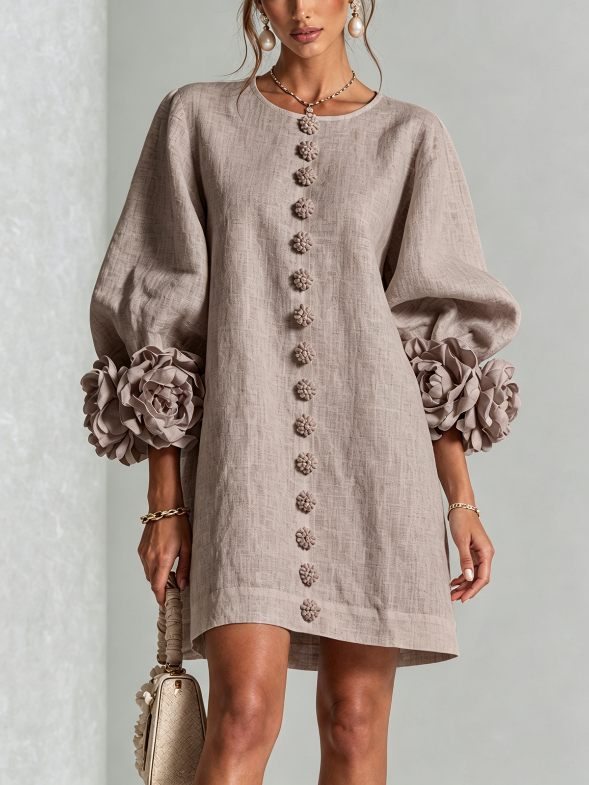 Donna β Linen-Look Mini Dress with Floral Cuffs
