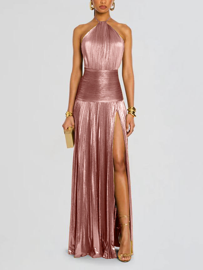 Kasey | Trendy Metallic Plissé Halter Gown