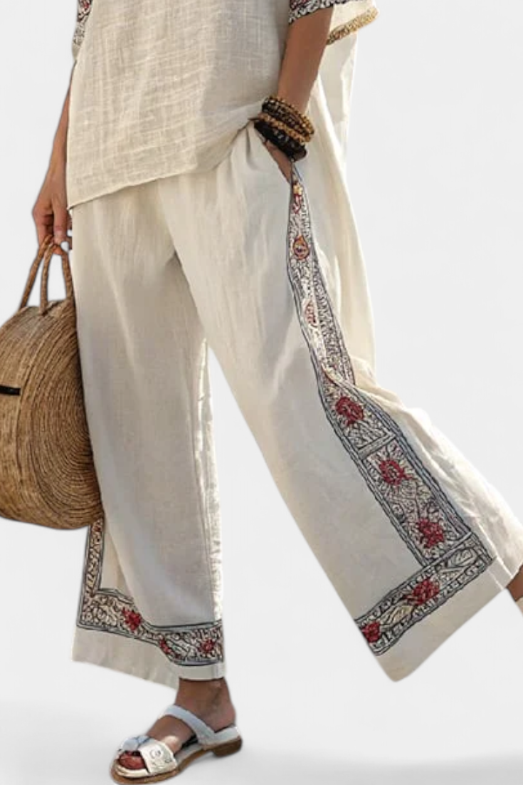 Emiliana | Sophisticated Embroidered Raw Blouse & Wide Pants