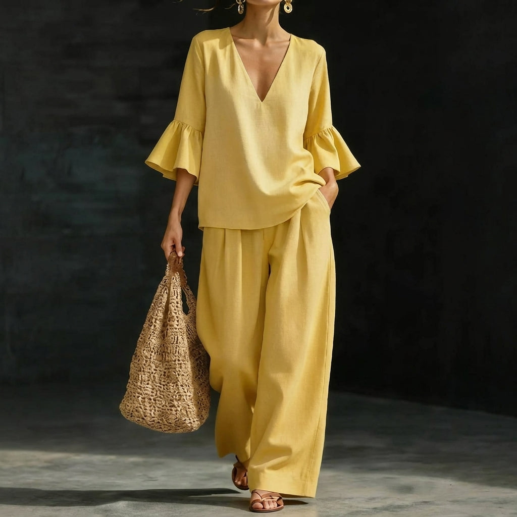 Jeanette β Ruffled Blouse and Wide-Leg Pants Set