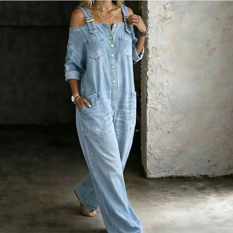 Zelma – Cold-Shoulder Denim-Look Jumpsuit
