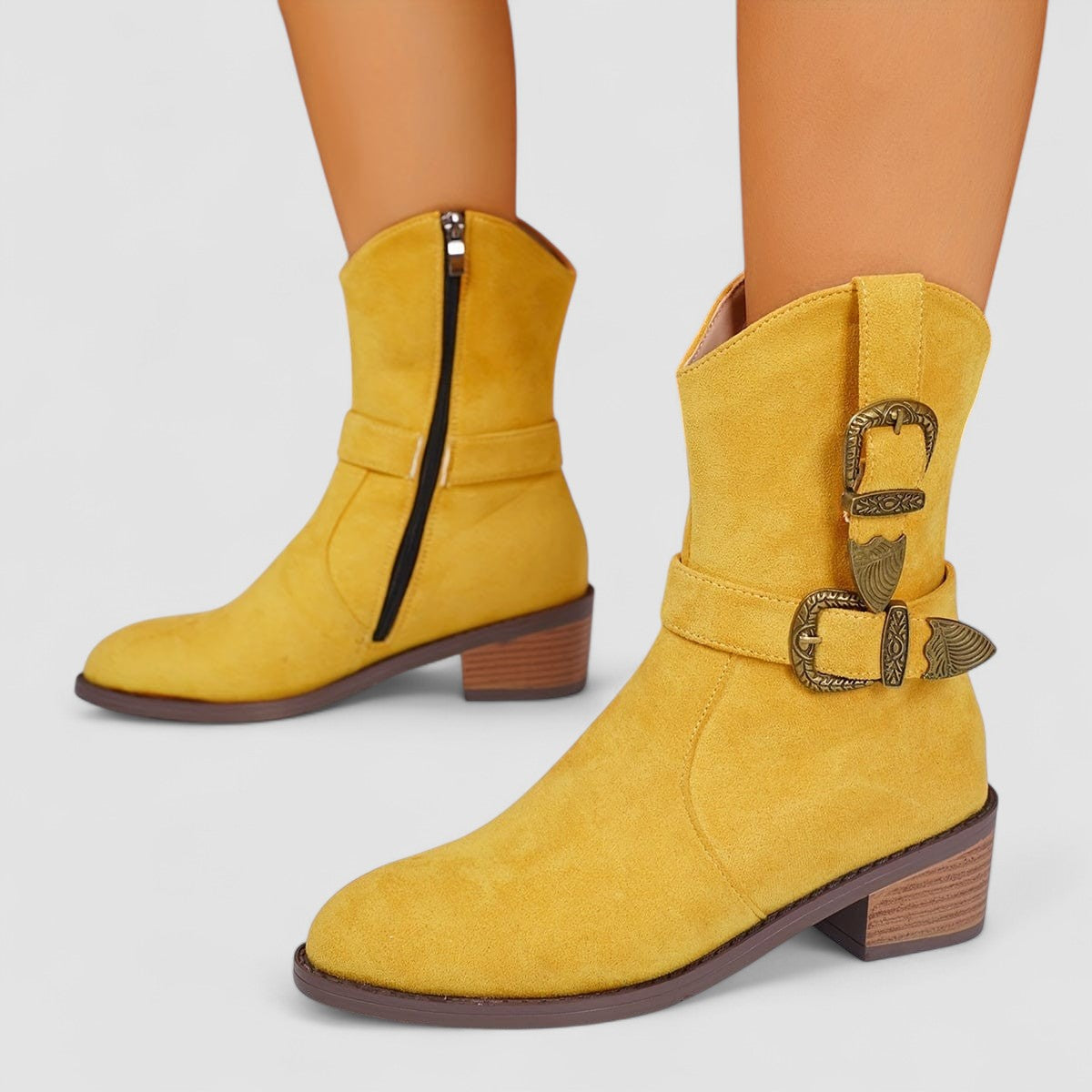 Roberta – Western Buckle Block Heel Boots