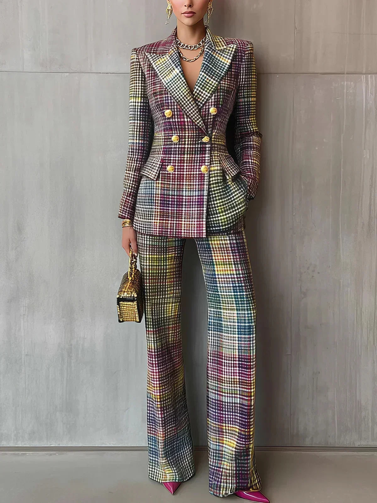 Debbie – Plaid Double-Breasted Blazer and Pants Set