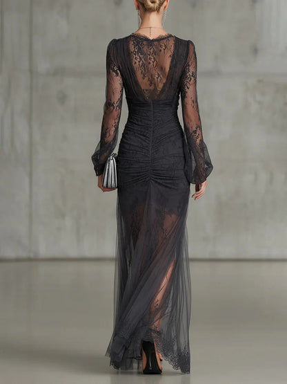 Ambrosia | Dark Grey Lace Ruched Maxi Dress