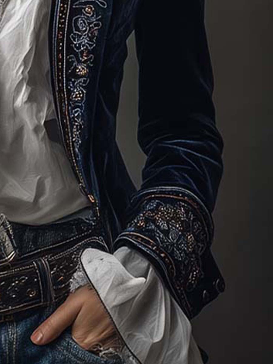 Idelle – Embroidered Velvet-Look Long Jacket