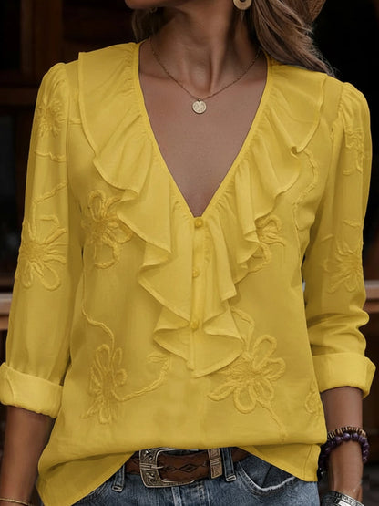 Elizabeth – Ruffle V-Neck Floral Embroidered Blouse