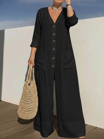 Tamara – Button-Front Wide Leg Linen-Look Jumpsuit