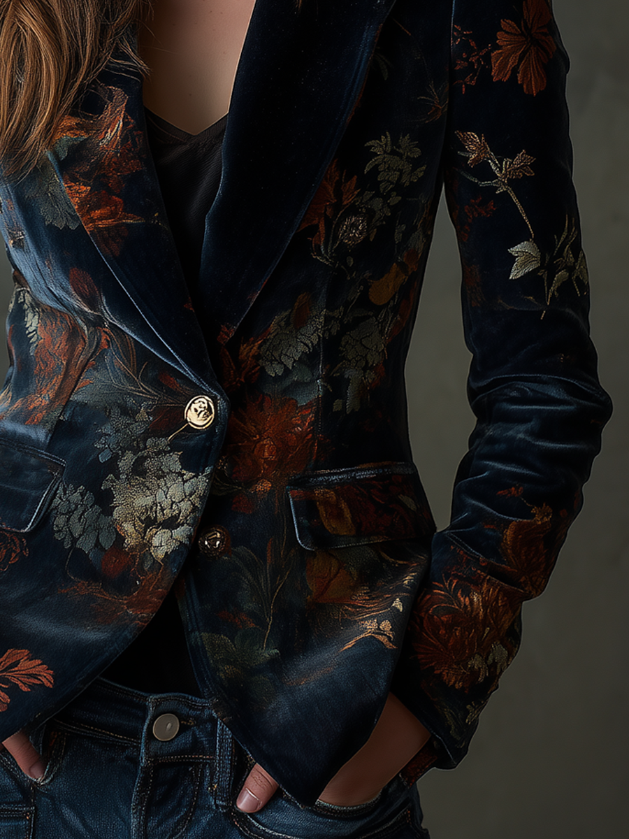 Maxine – Floral Velvet Blazer with Gold Buttons