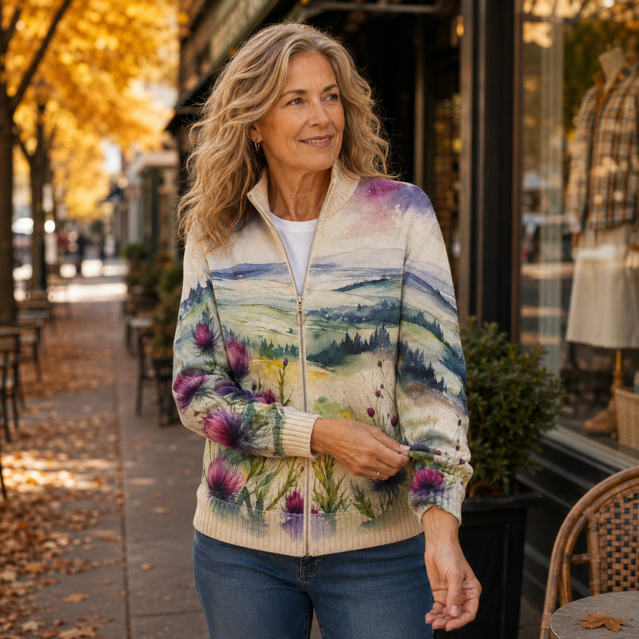 Melissa – Scottish Thistle Landscape Zip Jacket