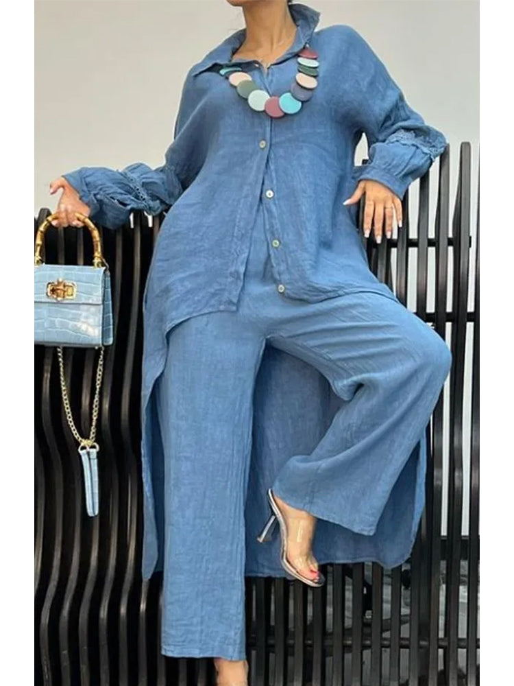 Barbara – Linen-Look Long Shirt and Wide-Leg Pant Set
