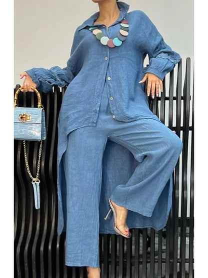 Barbara – Linen-Look Long Shirt and Wide-Leg Pant Set
