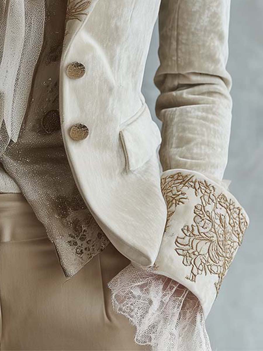 Joan – Embroidered Velvet-Look Blazer with Lace Cuffs