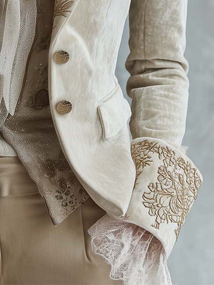 Joan – Embroidered Velvet-Look Blazer with Lace Cuffs