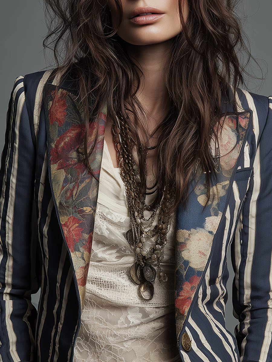 Arlene – Striped Blazer with Floral Print Detail