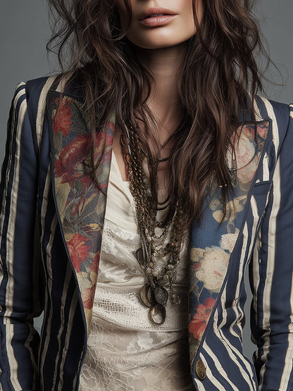Arlene – Striped Blazer with Floral Print Detail