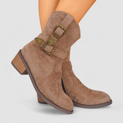 Roberta – Western Buckle Block Heel Boots