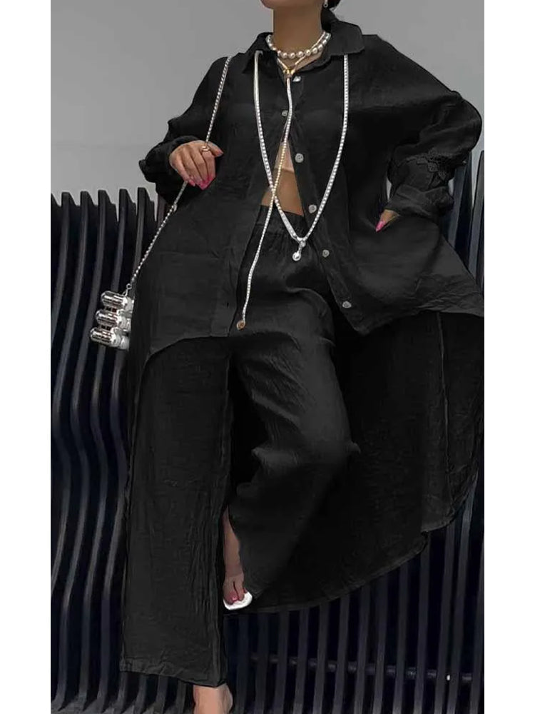 Barbara – Linen-Look Long Shirt and Wide-Leg Pant Set