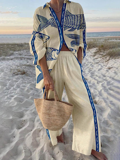 Reed | Island Style Ocean Print Oversized Shirt and Elastic Waist Pocket Pants Set