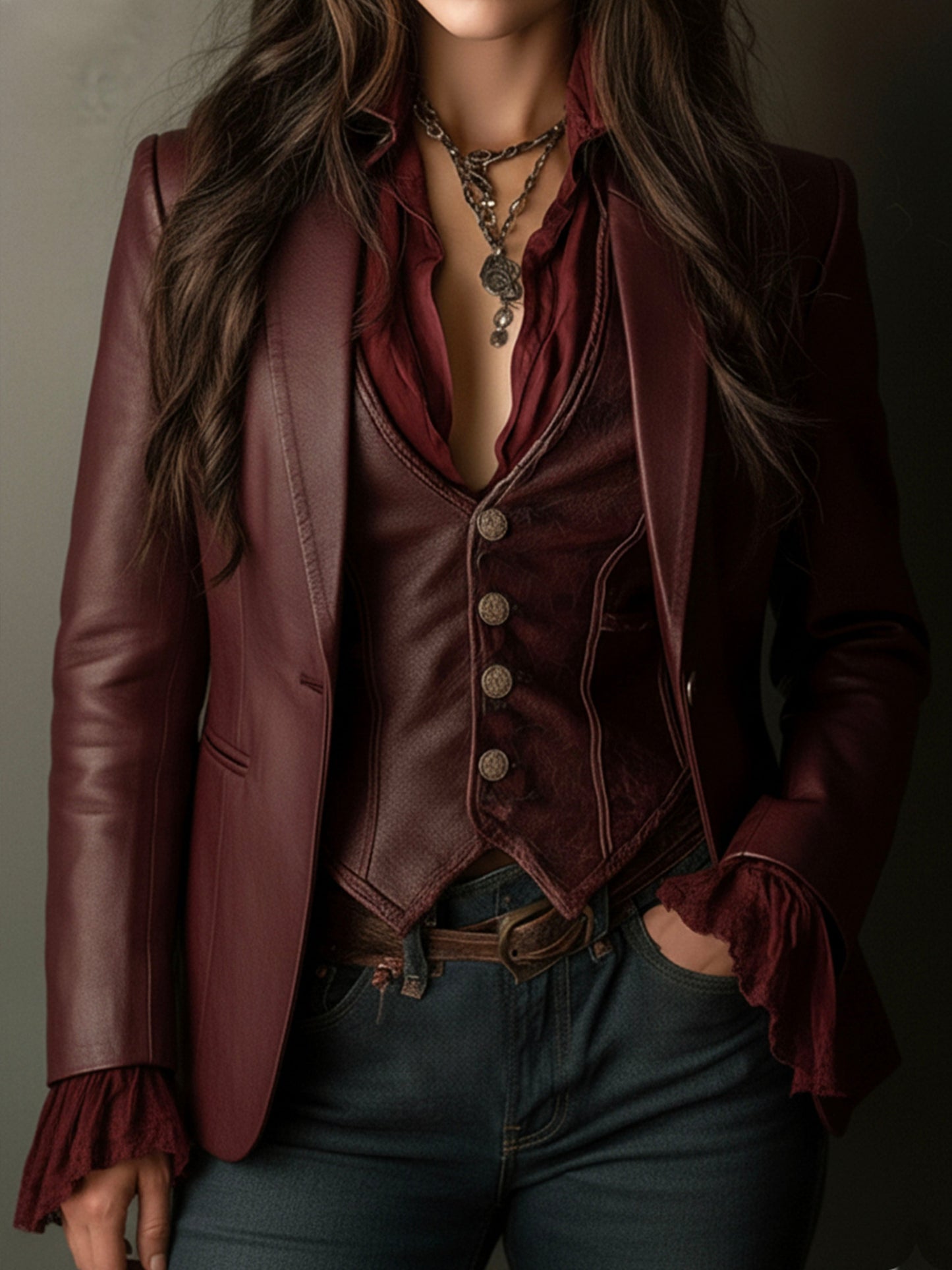 Veronica – Faux-Leather Blazer with Ruffle Detail