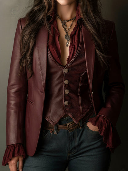 Veronica – Faux-Leather Blazer with Ruffle Detail