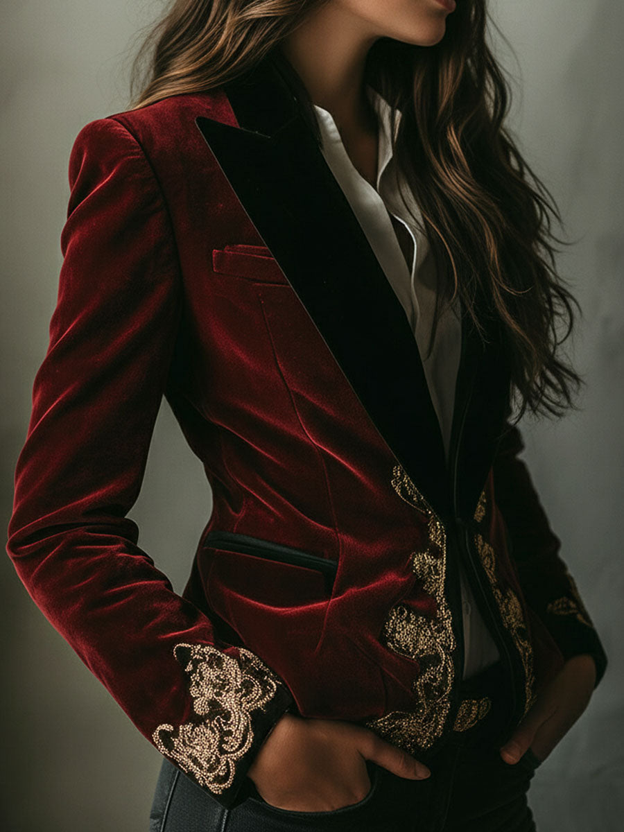 Peggy – Velvet Blazer with Gold Embroidery
